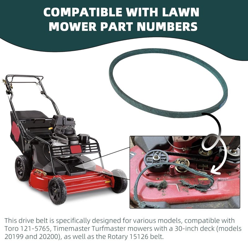 Calvana (2-Pack) 121-5765 Drive Belt, Kevlar Cord, Compatible with 30" Toro Lawn Mower, Exmark Mower, Toro TimeMaster 30, Models20200, 20199, 20975, 20976, 20977, 20978, 22205TE, 22210, 30 1/2" x 1/2" - Image 4